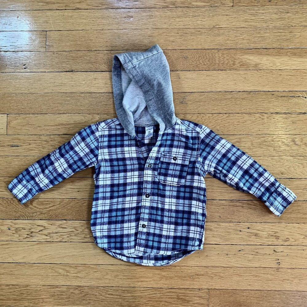 Carters Hooded Plaid Flannel Boys Shirt | Blues and Greys | 2T